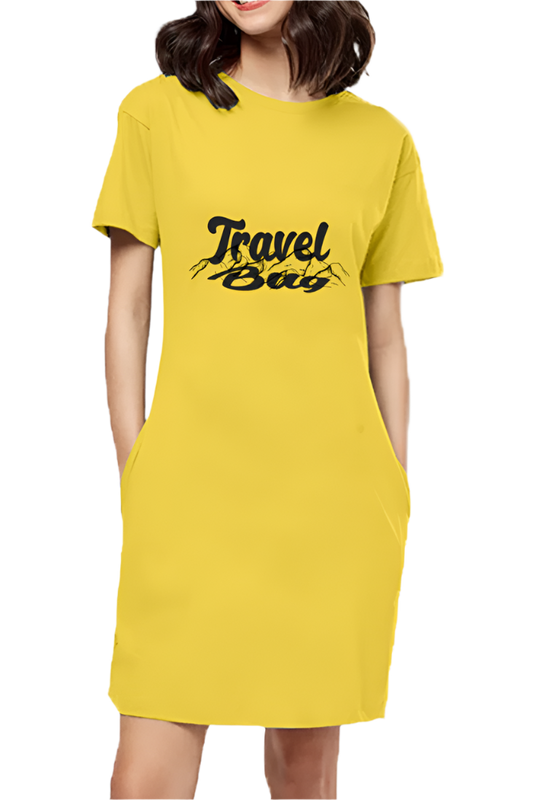 Yellow color Travel Bug printed Front Tshirt dress for women